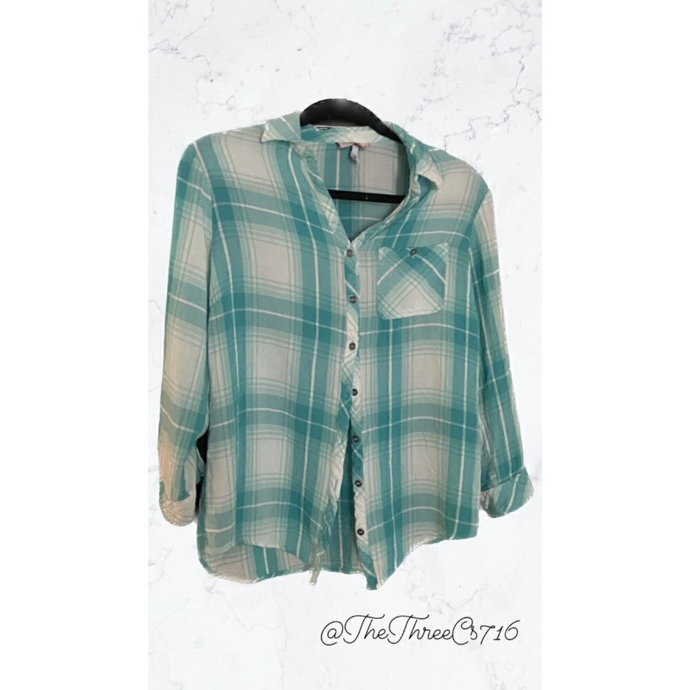 Womens Teal and White Plaid Long Sleeve Button Down Hester and Orchard Size S